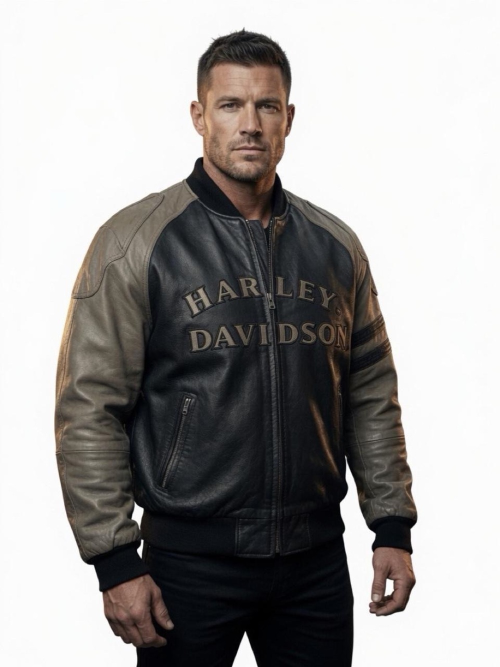 RARE Harley-Davidson Black and Taupe Two-Tone Leather Bomber Jacket 3XL